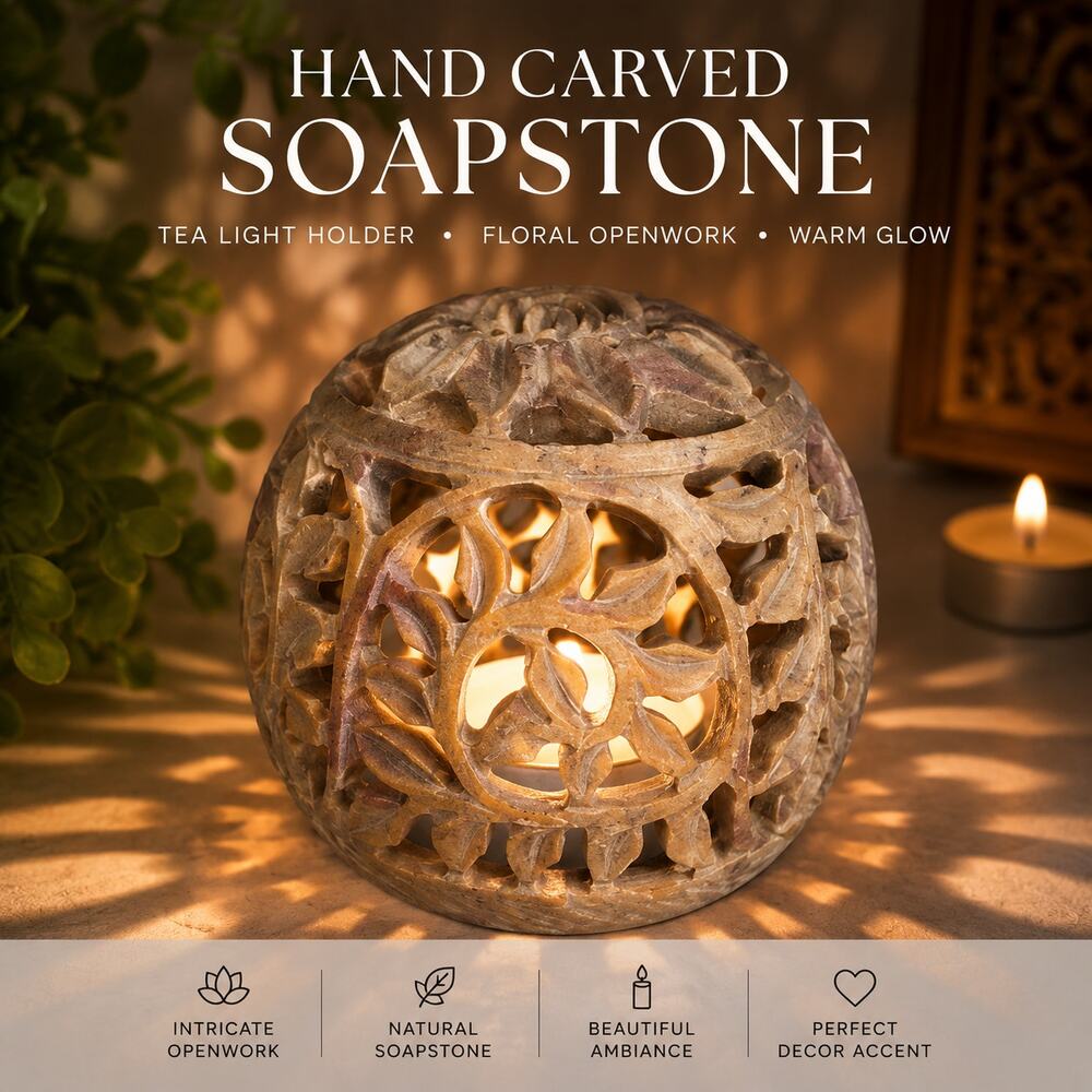 Hand Carved Soapstone Tea Light Holder Lantern Floral Lotus Candle Decor